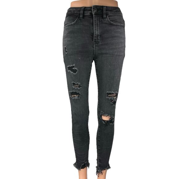 American Eagle Next Level Stretch Black Distressed Skinny Denim Jeans Size 4 - Picture 1 of 5